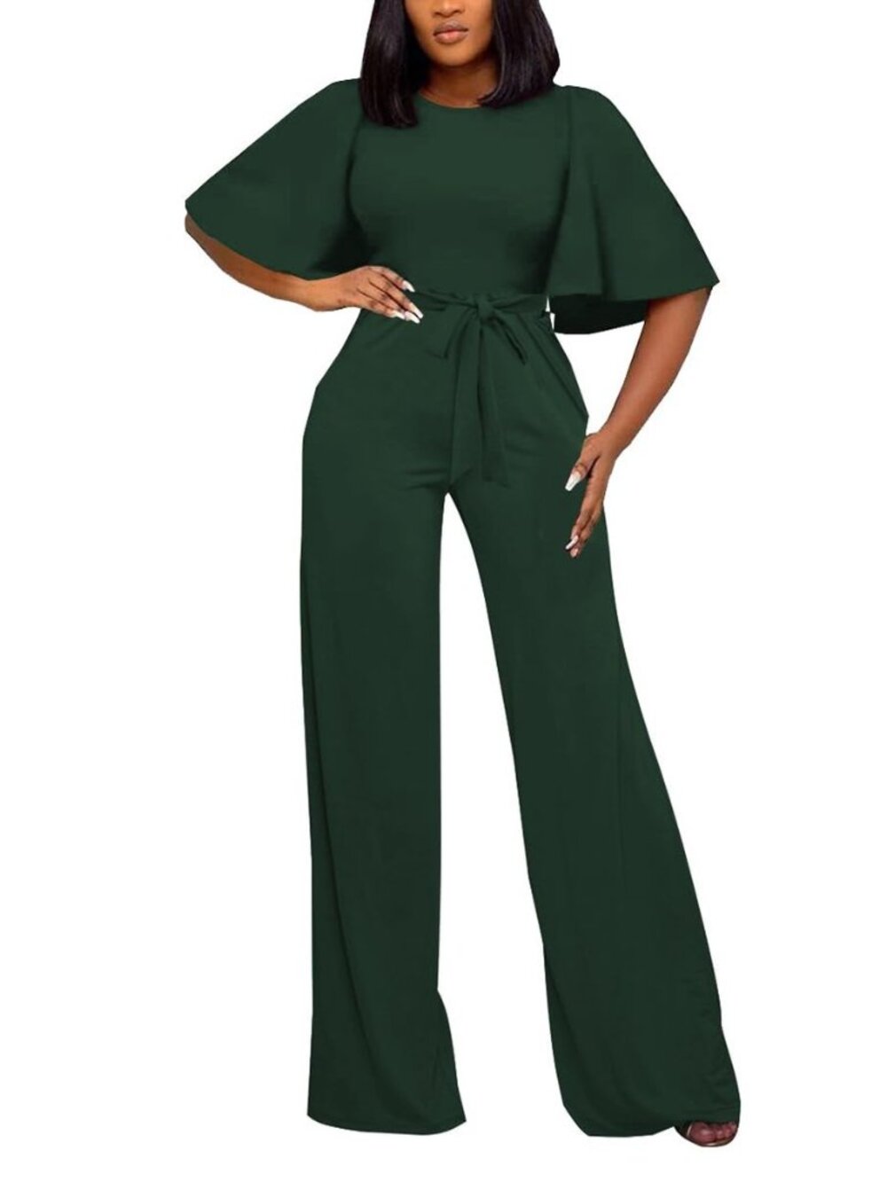 Womens Loose Short Sleeve Belted Wide Leg Pant Romper Jumpsuit Casual Business